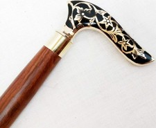 Handcrafted Wooden Walking Stick with Brass Floral Handle   Vintage Walking Cane