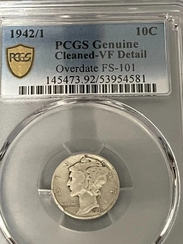 1942/1 Mercury Dime, FS-101 Overdate, PCGS Certified/Graded VF Detail, .9 silver