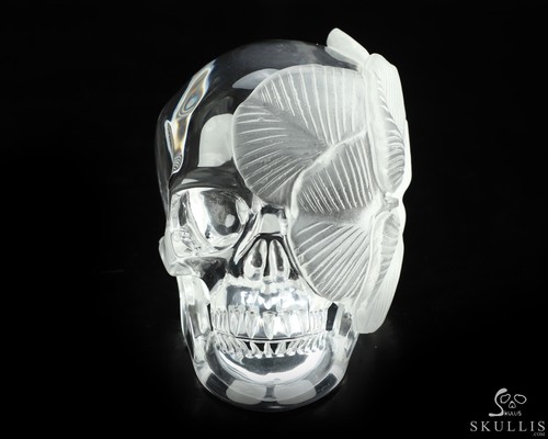 5.1" K9 Crystal Hand Carved Crystal Skull and Flower Fine Art Sculpture - Picture 3 of 9