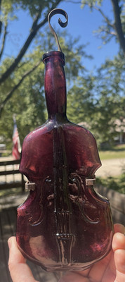 NICE DARK PUCE COLORED PONTIL VIOLIN FLASK CRUDE DRIPPY LIP & WALL HANGER L@@K