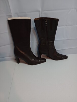 Indeed Brown Leather Heel Boots Mid Calf Zip Up Size 8M
