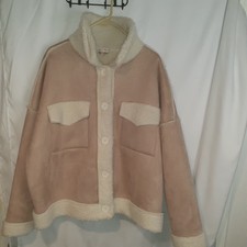 Stella Tweed Faux Fur Trimmed Sherpa Sleeves Tan Women's Plus Size 2x Jacket