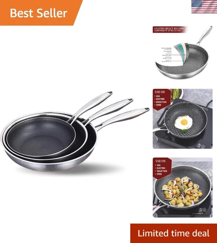 8-10-12 Inch Hybrid Tri-Ply Stainless Steel Non-Stick Frying Pan Set of 3,Ski...