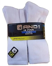 AND1 White 12 Pair Crew Socks Arch Compression Athletic Basketball Size 6-12.5