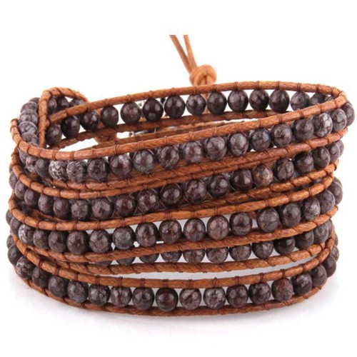 Natural stone bead cowhide rope woven 5 loops cuff bracelet Silver Necklace - Picture 18 of 24
