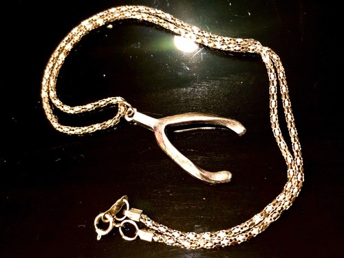 VTG 90s Unisex Silver Tone 1 3/8" L Wishbone Pendant on 18" Necklace Chain - Picture 8 of 12