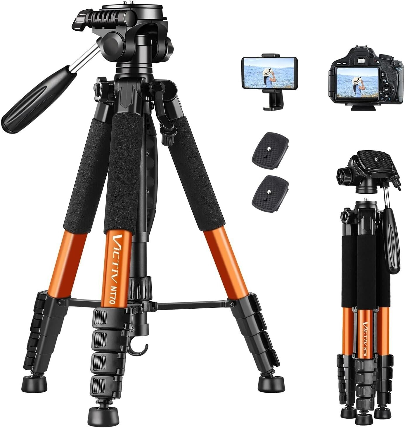 Camera Tripod Victiv 74” For Canon Nikon Iphone Lightweight Aluminum Orange