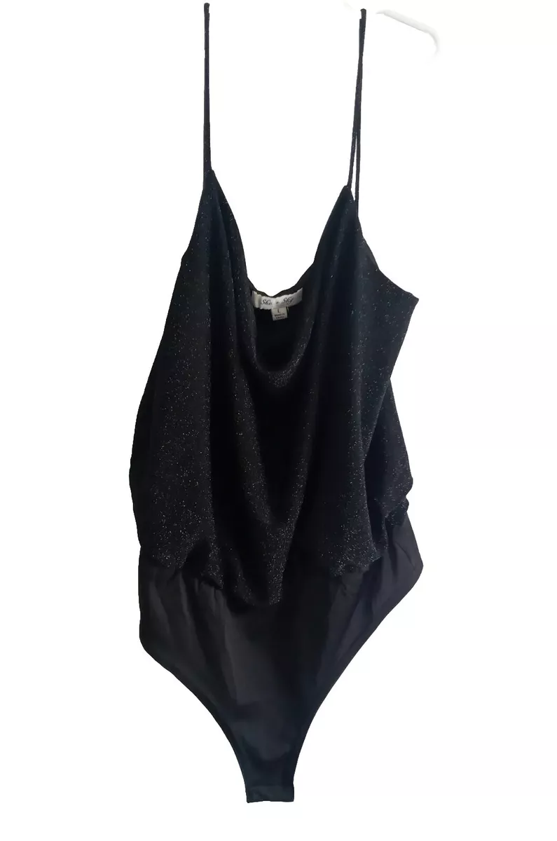 She + Sky Ladies Black Sparkle 80s Bodysuit Sleeveless Cowl Neck