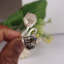 Raw Herkimer Diamond And Meteorite Gemstone Bypass Ring Statement Jewelry