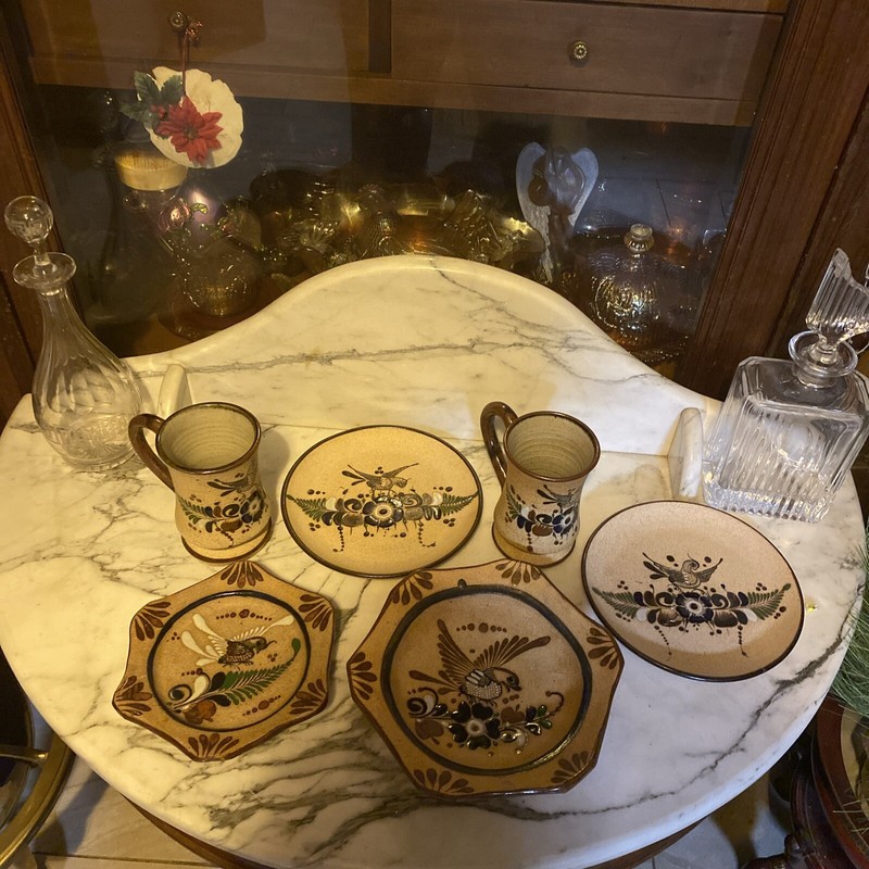 VTG Mexican Tonala Pottery Plates Set of 2 Boho Bird To Hang, 2 Mugs & 2 Plates