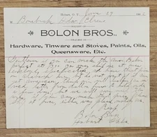 Letterhead Hobart Oklahoma Territory 1902 Bolon Brothers Hardware Paints Stoves