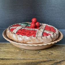 Sanor Ceramica Portugal Vintage Cherry Pie Dish Plate Cherry Cover 12" Preowned