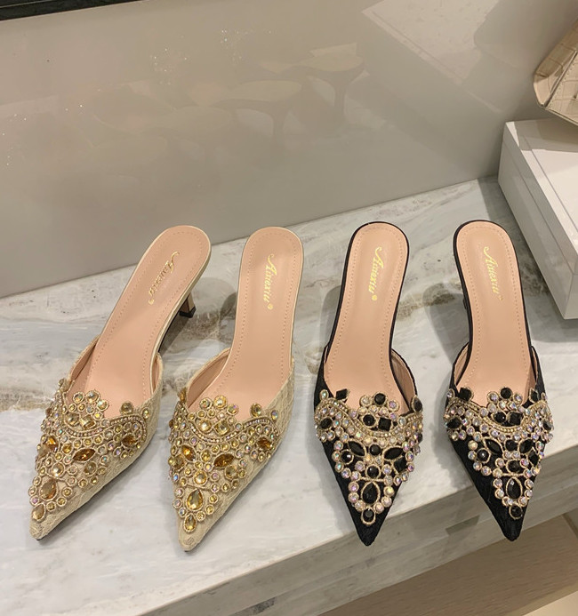 Womens Fashion Pointy Toe Rhinestone Mules Slippers Kitten Mid