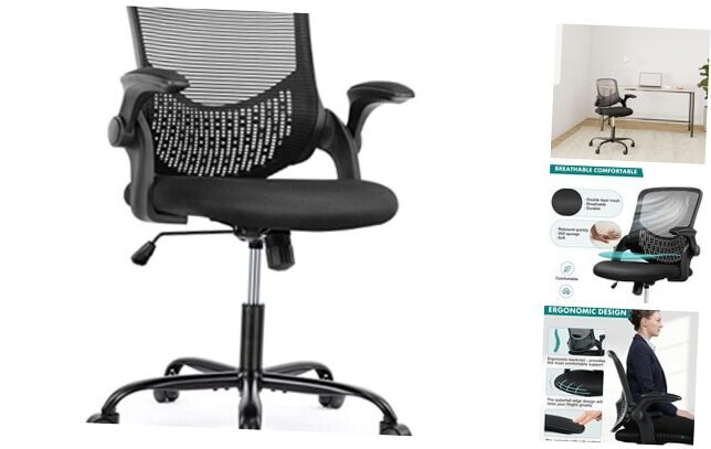 Wheels, Ergonomic Home Office Flip-up Arms and Lumbar Support, Mesh Swivel