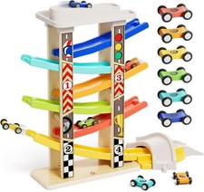 TOP BRIGHT Toddler Toys 6 Level Wooden Race Track Car Ramp Racer with 6 mini Car