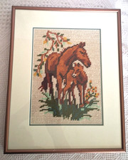 Needlepoint Mare  Colt Horses Framed Under Glass Matted Handmade 11 x 14"
