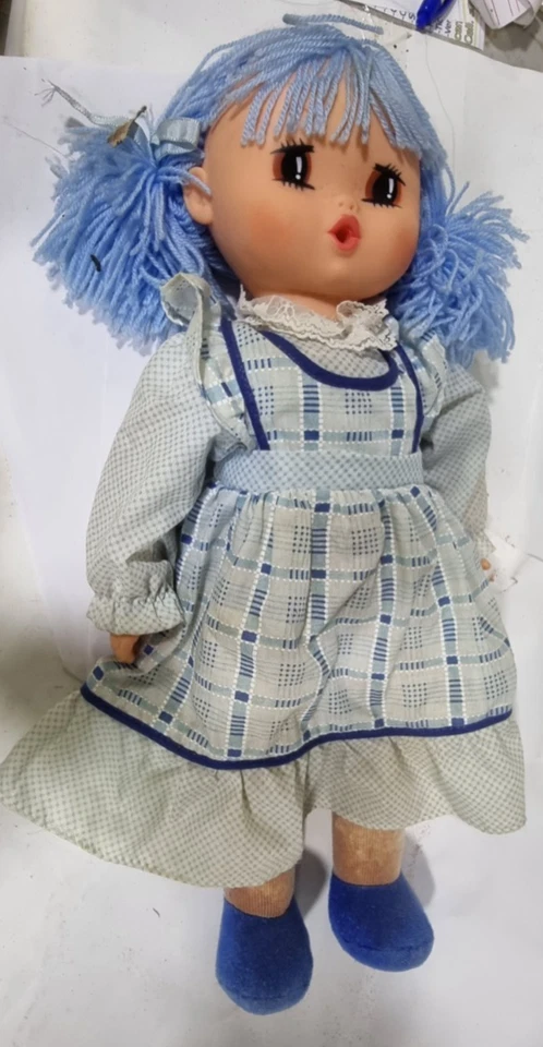 Bambola Occhioni Vintage Anni 70/80 Capelli Blu 50cm - RESTAURO IMBOTTITURA - Immagine 4 di 4