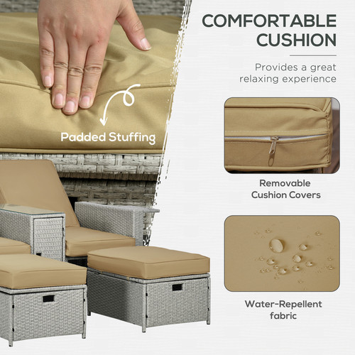 Outsunny Recliner Rattan Sun Lounger w/ Storage Tea Table & Footstools, Beige - Picture 7 of 11