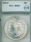WHITE frosty 1890-S Morgans silver dollar, great choice coin - ICG MS63 graded