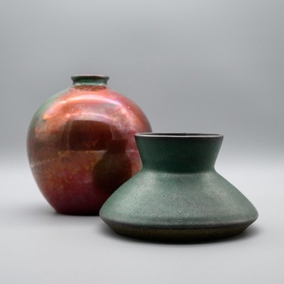 Japanese Studio Pottery Duo Copper Red Lustre & Matte Green Ceramic Vases, Japan