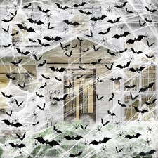 1200 sqft Halloween Spider Webs and 120pcs Fake Bats and 50pcs Fake Spiders Supe
