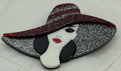 Pretty Ladies Face W Dark Hair Light Skin Lg Floppy Hat Covering One Eye Brooch