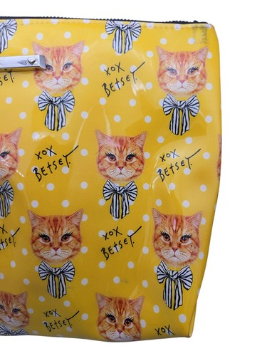 Betsy Johnson Makeup Bag Cats Cat Kitten Yellow Polka Dots - Picture 12 of 12
