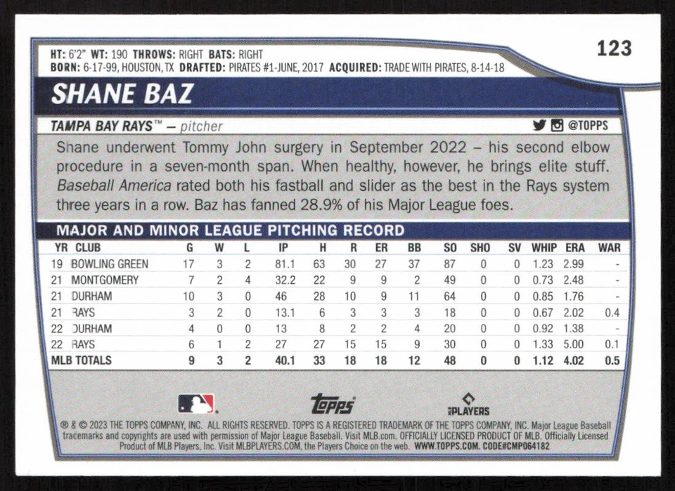 2023 Topps Big League Shane Baz #123 Tampa Bay Rays - Image 2 of 2