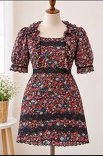 Elegant Floral Mini Dress Cotton Viscose Lace Trim Side Zip Boho Summer Dress M