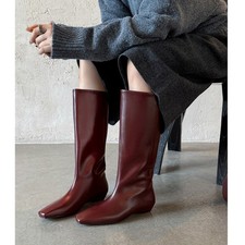 Womens Pull on Leather Knee High Boots Knight Riding square toe Low Heel Fashion