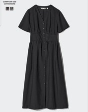 Uniqlo Linen Blend V-Neck Dress Black L Short Sleeve Sleeveless
