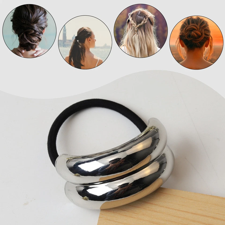 Diadema de metal brillante con corbatas de pelo cola de caballo de doble arco para niñas Foto 4 de 4