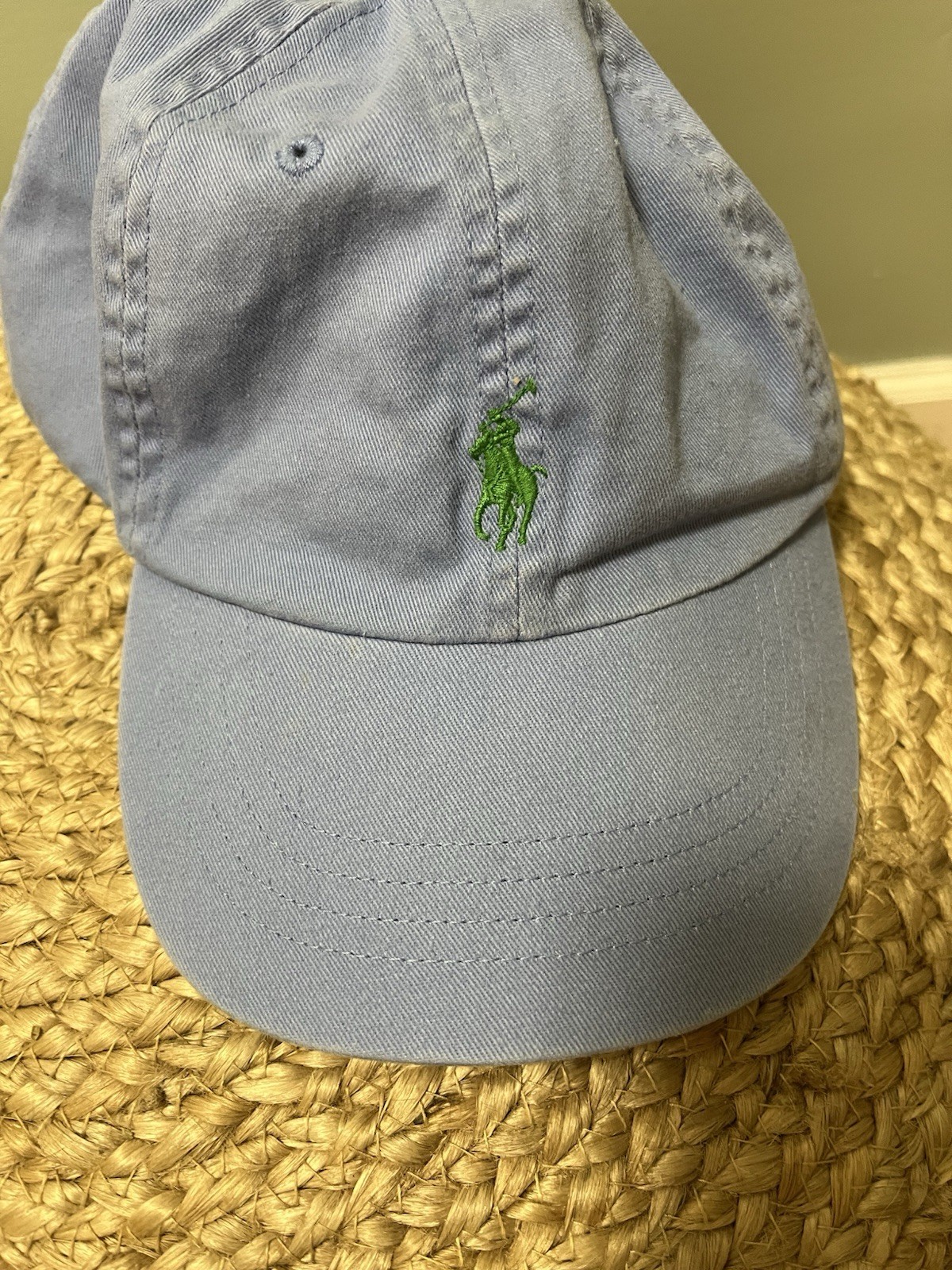 VINTAGE Ralph Lauren Polo Cappello Berretto Cinghia Schiena Blu Chiaro Verde Pony Baseball Uomo