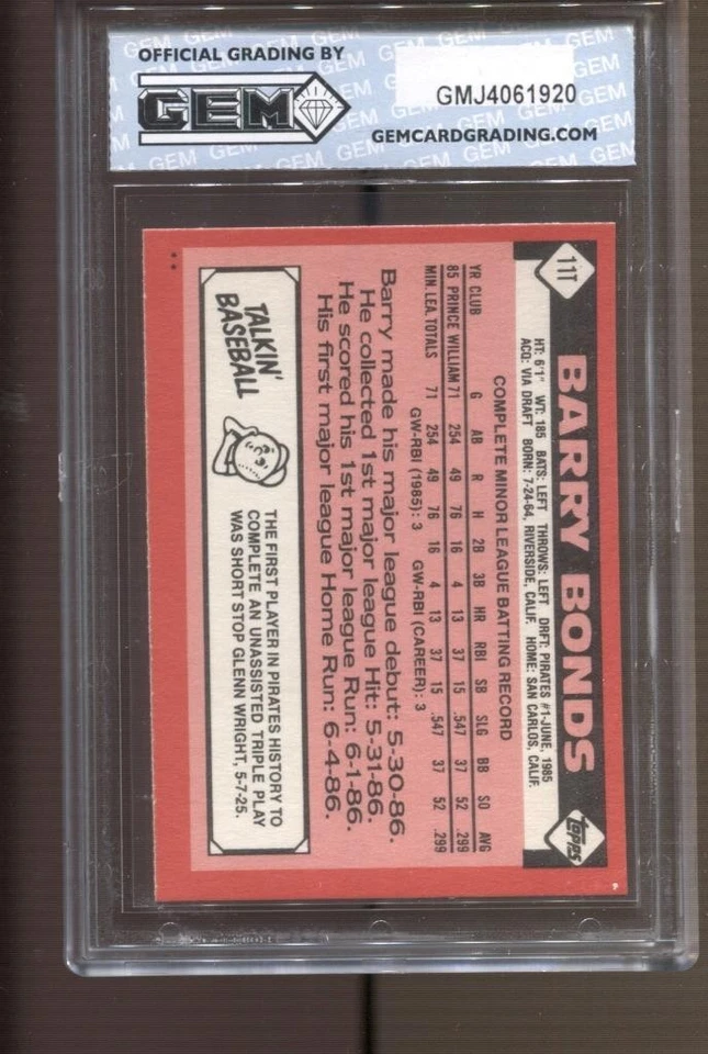 Barry Bonds Topps 1986 negociado #11T gema como nuevo 10 radiocontrol novato Piratas Gigantes Foto 2 de 2