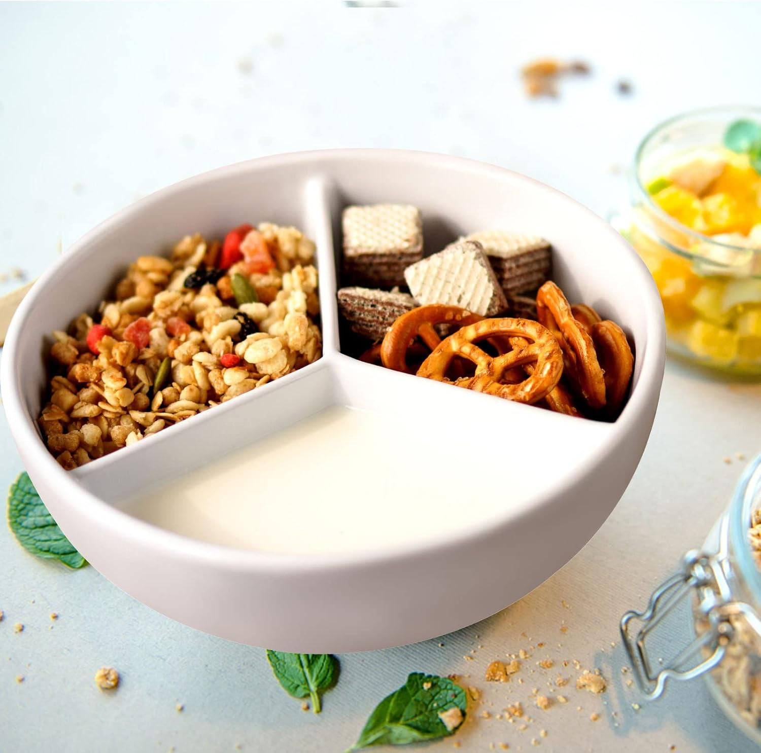 Ceramic Cereal Bowl 3 Section Separate Milk Keeps Fresh Crun