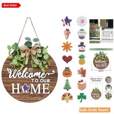 Interchangeable Seasonal Welcome Sign Wooden Wreath Front Door Decor in Rusti...