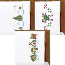 Herrschners  Seasons Greetings Pillowcase Pairs Set Stamped Cross-Stitch