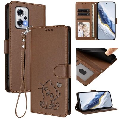 Braune Ledertasche mit Herz Relief und Armband für Redmi K50i / Note 12T Pro