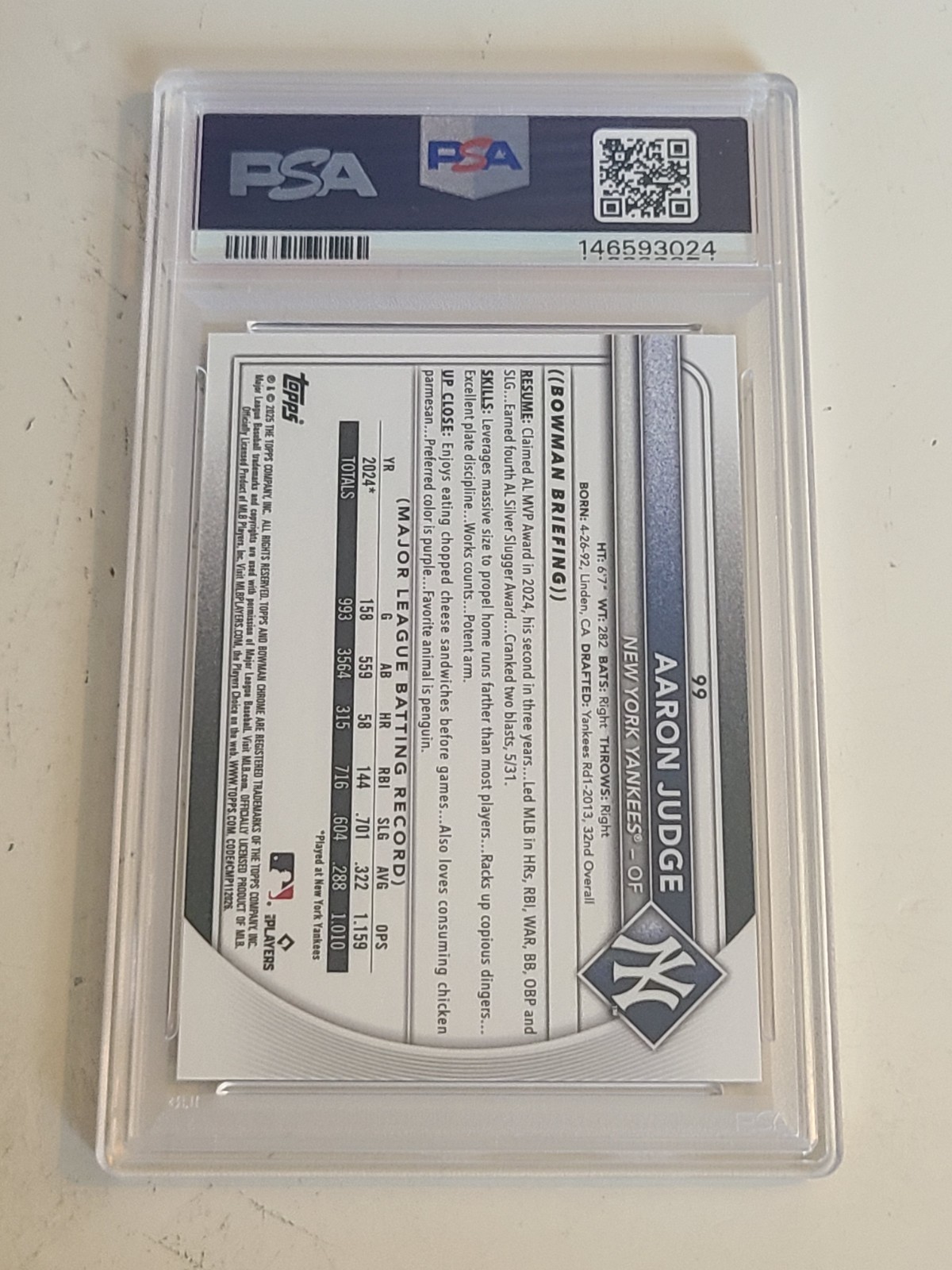 2025 Bowman Chrome Sapphire Aaron Judge Gold SP /50 MVP PSA 9 MINT!! view 2