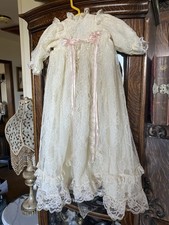 Victorian Ivory Lace Christening Gown  Bonnet Set, Long Sleeve, Pink Accents
