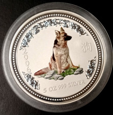 2006 Australia Perth 5 Troy Oz .999 Fine SILVER Dog $8 Coin Round in Capsule