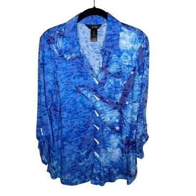 Ali Miles M blue burnout butterfly printed 3/4 sleeve button up blouse top wmns
