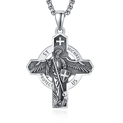 925 Sterling Silver St Michael Cross Protection Necklace Amulet Jewelry for Men