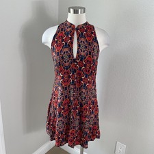 Free People Dress Womens 10 Red Geometric High Neck Keyhole Pockets Boho