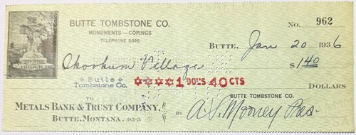 🪦 Antique 1930s Butte Tombstone Company Check | Butte Montana Mining Era