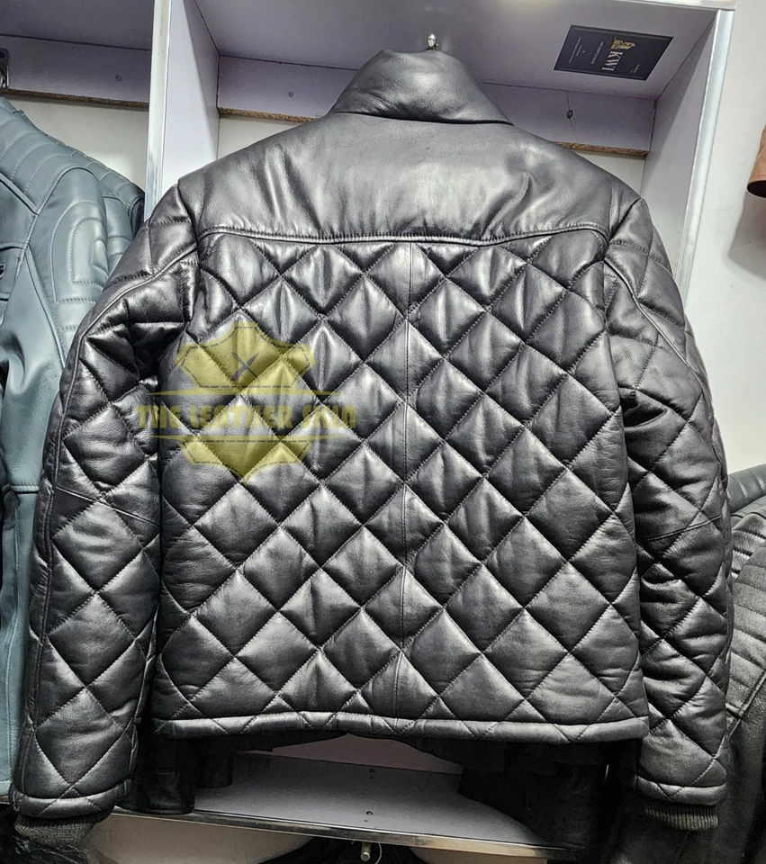 Men's Black Puffer Jacket Genuine Leather Lambskin Quilted Down Puffer Jacket - Image 3 of 4