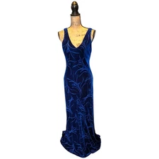 90s Y2K Monsoon Long Sapphire Velvet Devore Bias Cut Long Dress UK 12/14 (US 10)