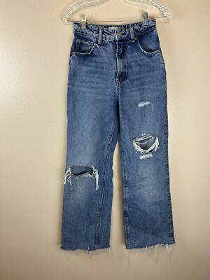Zara 4 High Rise Wide Leg Jeans Denim Blue Ripped Distressed Baggy