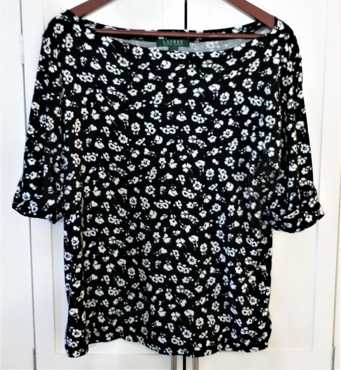 Lauren Ralph Lauren Black Cotton Floral Boat Neck Top Size XL EUC