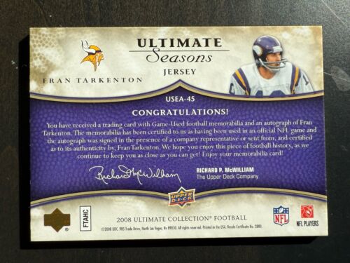 2008 Ultimate Collection Ultimate Seasons Fran Tarkenton 6/15 Auto Jersey 1975 - Picture 2 of 2
